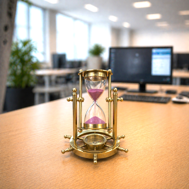 Brass Rotating Sand Clock With Compass And Wooden Stand