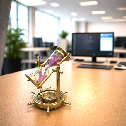 Brass Rotating Sand Clock With Compass And Wooden Stand