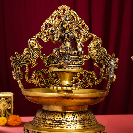 Brass Ganesha And Lakshmi Urli/Diya Set (13.5 Inch)