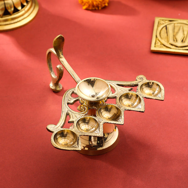 Brass Elegant Panch Aarti With Handle (3.5 Inch)