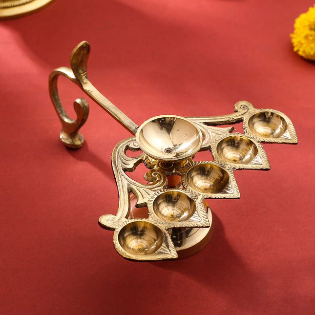 Brass Elegant Panch Aarti With Handle (6.5 Inch)