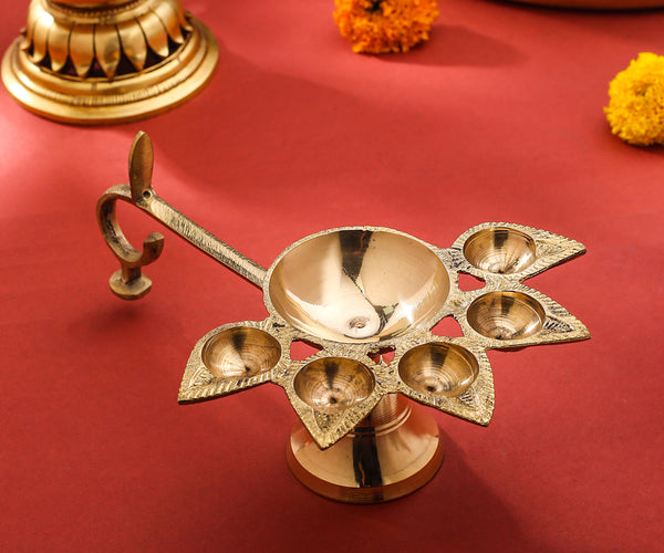 Brass Divine Panch Aarti With Handle – Vedansh Craft