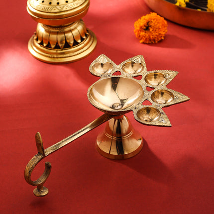 Brass Divine Panch Aarti With Handle (9 Inch) me