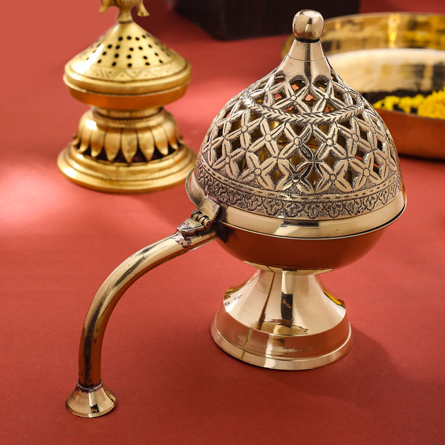 Brass Dhoop Dani & Incense Holder With Handle (7.5 Inch)