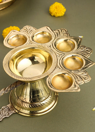 Brass Traditional Panch Aarti With Handle (3.5 Inch)
