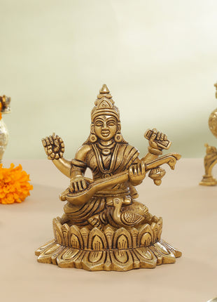Brass Superfine Lotus Goddess Saraswati Idol (5.5 Inch)