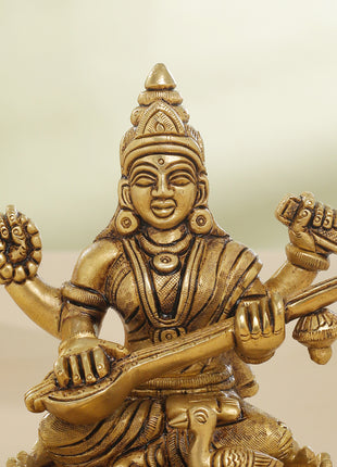 Brass Superfine Lotus Goddess Saraswati Idol (5.5 Inch)