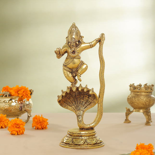Brass Lord Dancing Ganesha On Snake (12 Inch)