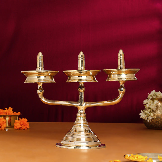 Brass Traditional Triple Diya/Lamp (8.5 Inch)