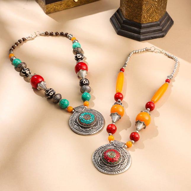 Resin Boho Bead Necklaces with Tribal Silver Pendants