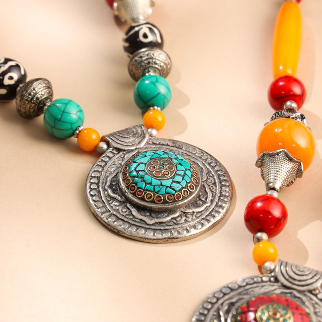 Resin Boho Bead Necklaces with Tribal Silver Pendants
