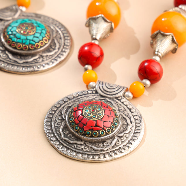 Resin Boho Bead Necklaces with Tribal Silver Pendants