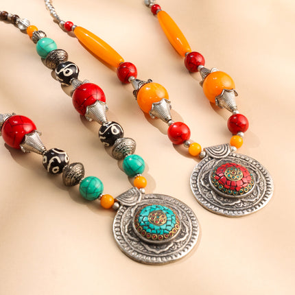Resin Boho Bead Necklaces with Tribal Silver Pendants