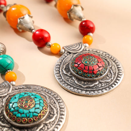 Resin Boho Bead Necklaces with Tribal Silver Pendants
