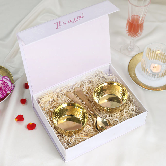 Brass Bowl Pair & Spoon Pair Baby Girl Gift Box Hamper