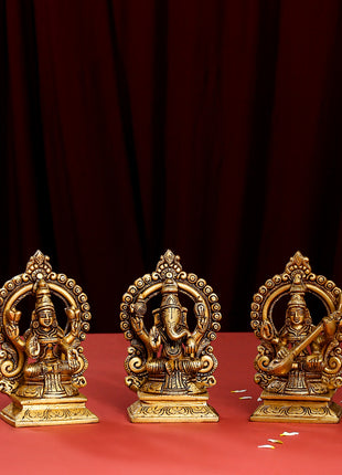 Brass Superfine Lakshmi, Ganesha, And Saraswati On Throne Set (5.8 Inch)