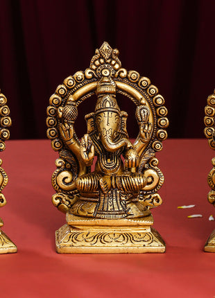 Brass Superfine Lakshmi, Ganesha, And Saraswati On Throne Set (5.8 Inch)