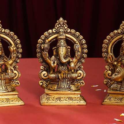 Brass Superfine Lakshmi, Ganesha, And Saraswati On Throne Set (5.8 Inch)