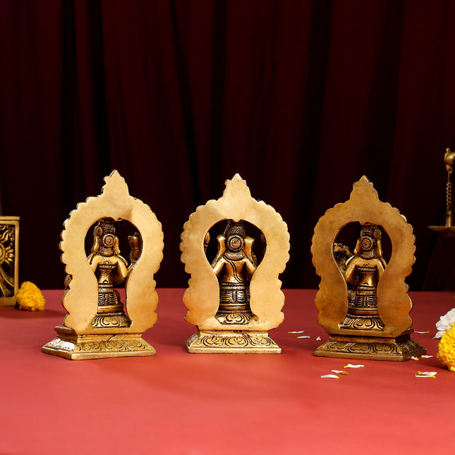 Brass Superfine Lakshmi, Ganesha, And Saraswati On Throne Set (5.8 Inch)