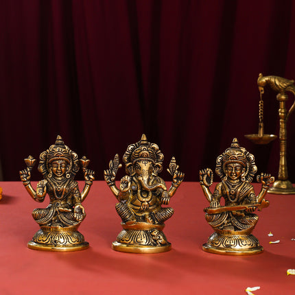 Brass Ganesha, Lakshmi And Saraswati Idol (4.5 Inch)