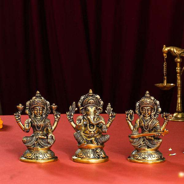 Brass Ganesha, Lakshmi And Saraswati Idol (4.5 Inch)