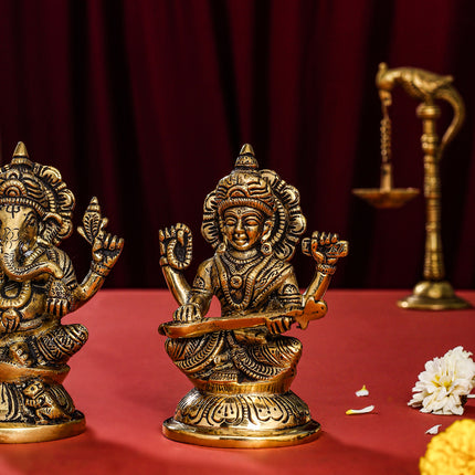 Brass Ganesha, Lakshmi And Saraswati Idol (4.5 Inch)