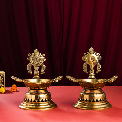 Brass Superfine Shankh Chakra And Namah Diya Set (9.5 Inch)
