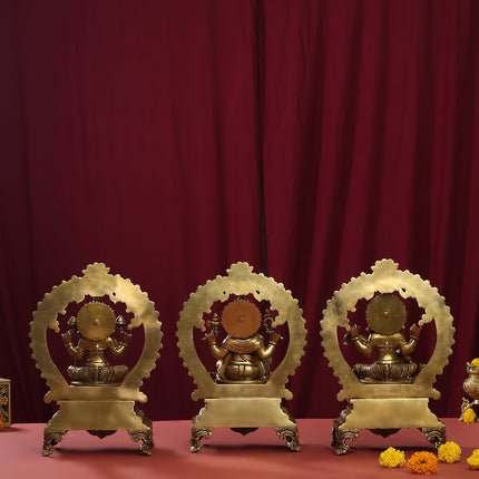 Brass Superfine Lakshmi, Ganesha And Saraswati On Throne Idol Set (14 Inch)