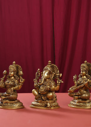 Brass Superfine Ganesha Lakshmi Saraswati Set (8 Inch)