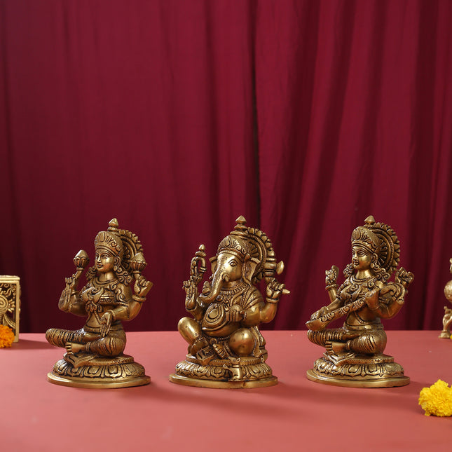 Brass Superfine Ganesha Lakshmi Saraswati Set (8 Inch)