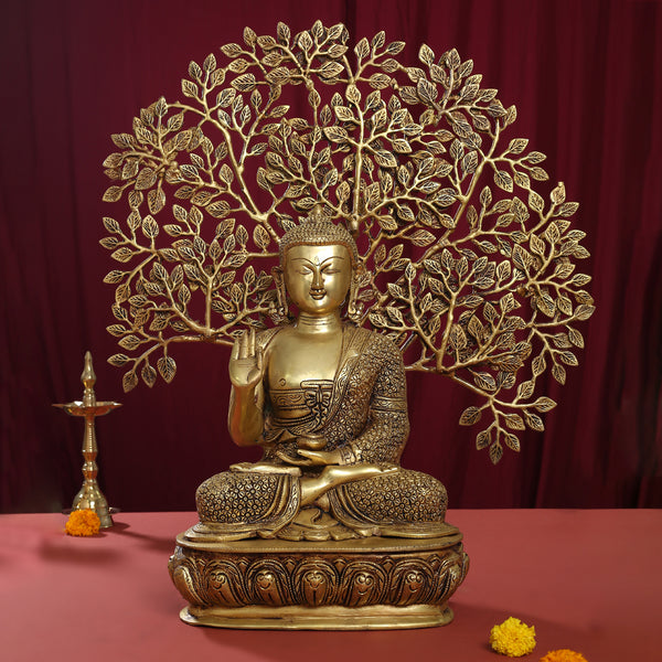 Brass Home Decor Buddha Statue With Tree (26 Inch)