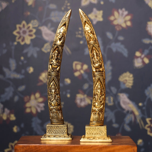 Brass Ganesha Design Elephant Tusk Set (12.5 Inch)