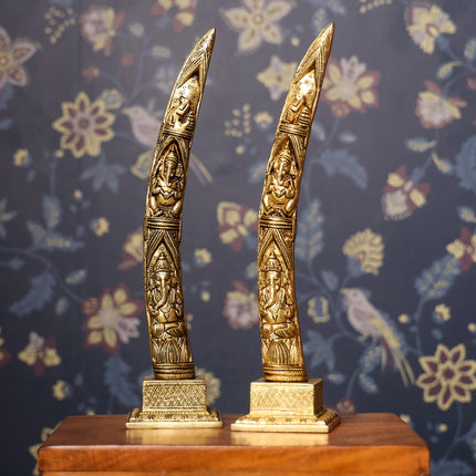 Brass Ganesha Design Elephant Tusk Set (12.5 Inch)