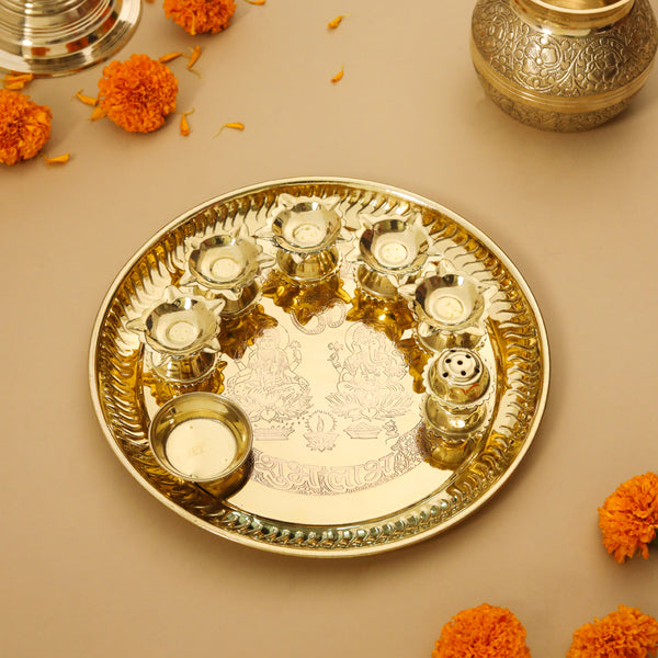 Brass Traditional Seven Deepak Pooja Thali (9.5 Inch)