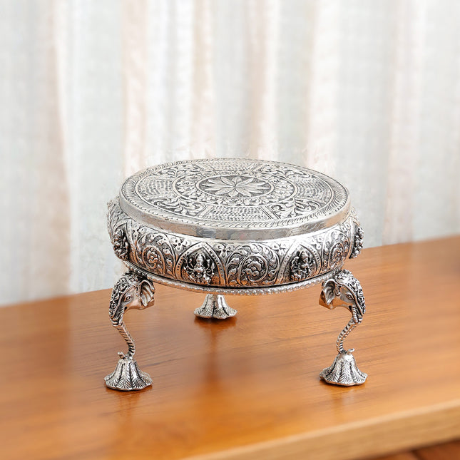 Silver Plated Brass Ashtalakshmi Chowki With Elephant Pillars (6.5 Inch)