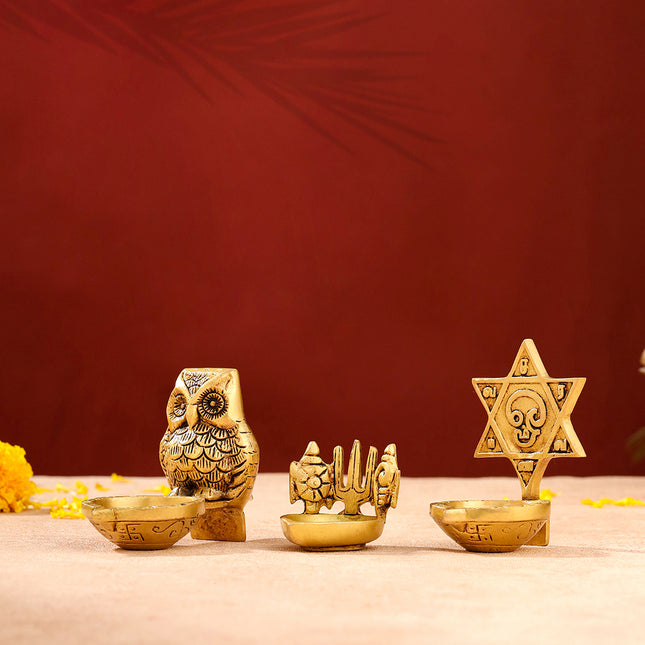 Brass Shankh Chakra Namah, Star Vel & Owl Diya