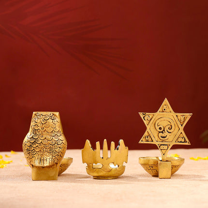 Brass Shankh Chakra Namah, Star Vel & Owl Diya