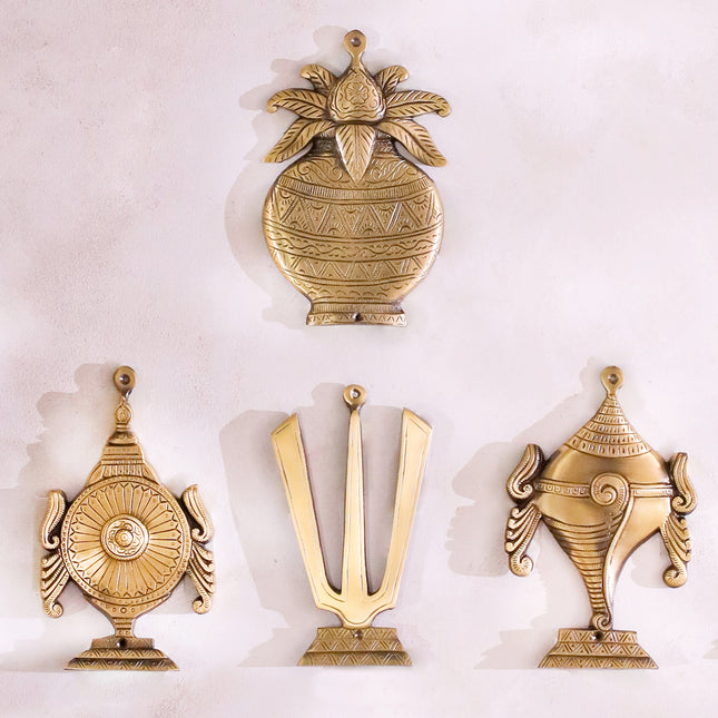 Brass Shankh Chakra Namah Garuda Hanuman And Kalash Wall Hanging Set