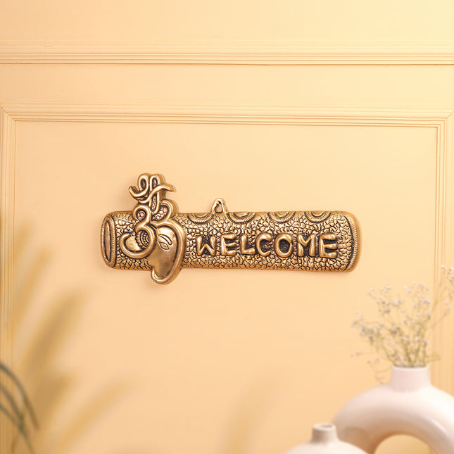 Brass Ganesha "Welcome" Wall Hanging Plate (15.5 Inch)