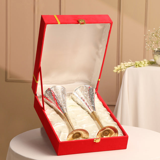 Silver Plated & Brass Champagne Engraved Wine Glass Pair With Velvet Box (9.1 Inch)