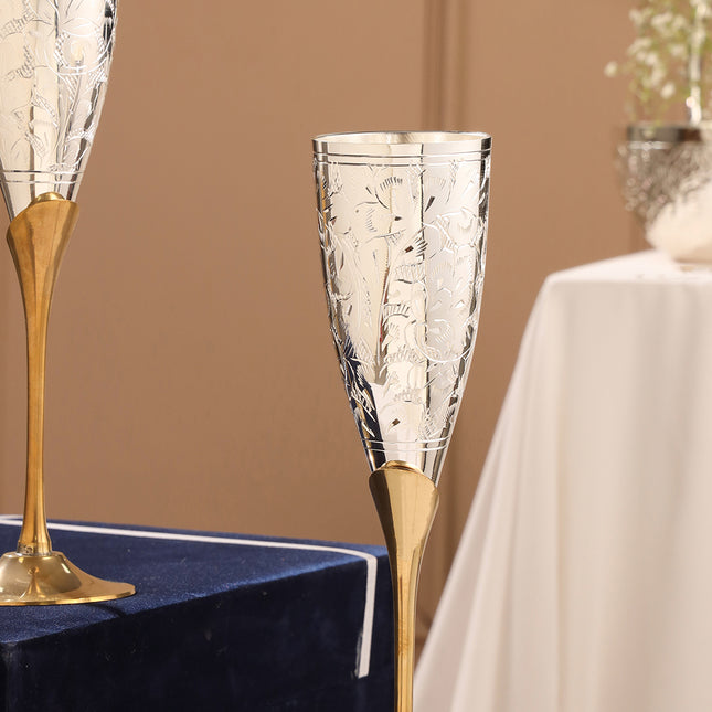 Silver Plated & Brass Champagne Engraved Wine Glass Pair With Velvet Box
