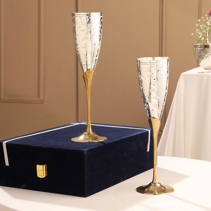 Silver Plated & Brass Champagne Engraved Wine Glass Pair With Velvet Box (9.5 Inch)