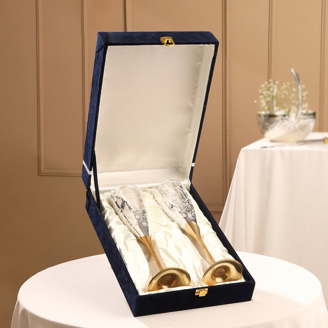Silver Plated & Brass Champagne Engraved Wine Glass Pair With Velvet Box