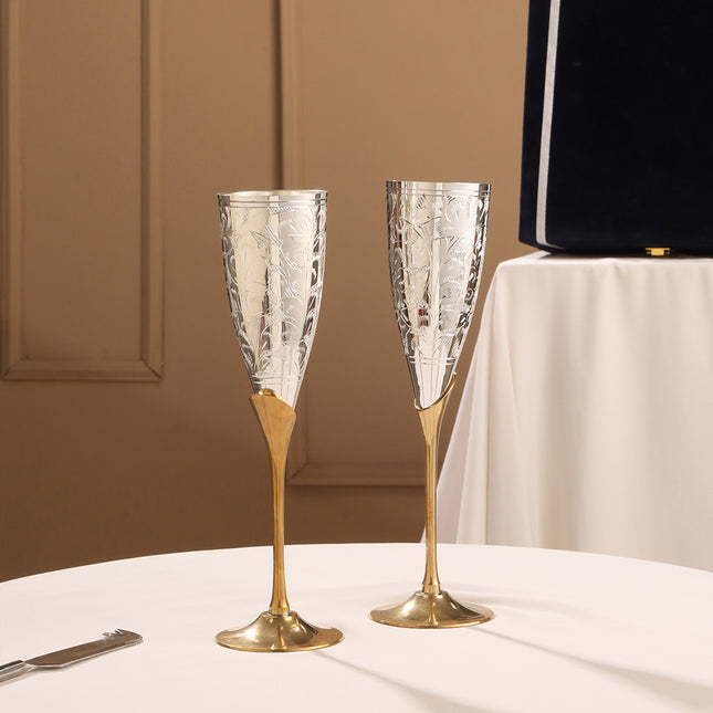 Silver Plated & Brass Champagne Engraved Wine Glass Pair With Velvet Box
