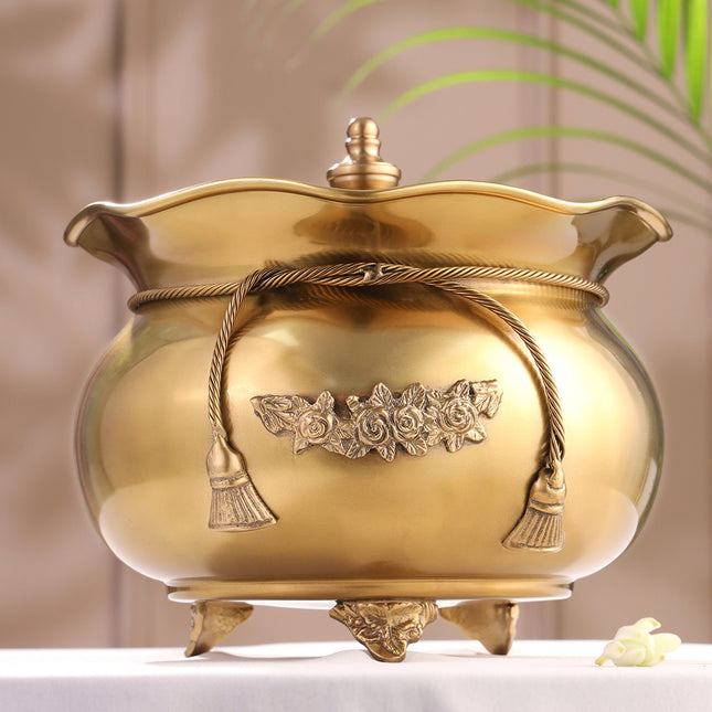 Brass Floral Decorative Handi with Lid Neck Ribbon Bow Design
