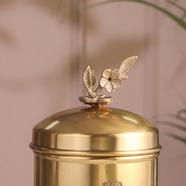Brass Embossed Design Jar with leaf knob on lid, Brass Decorative Storage Box