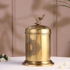 Brass Embossed Design Jar with leaf knob on lid, Brass Decorative Storage Box