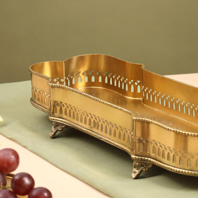 Brass Matt Finished Decorative Rectangular Shape Designer Tray With Legs (15.8 Inch)