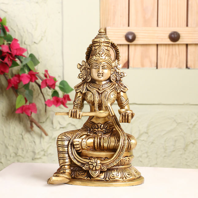 Brass Goddess Annapurna Idol – Bestower of Nourishment & Prosperity (10.5 Inch)