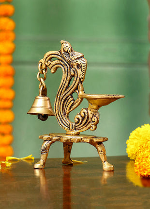 Brass Ethnic Peacock Diya Lamp With Hanging bell